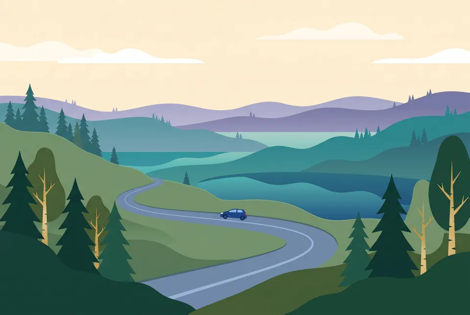 Road winding through green hills and small lakes